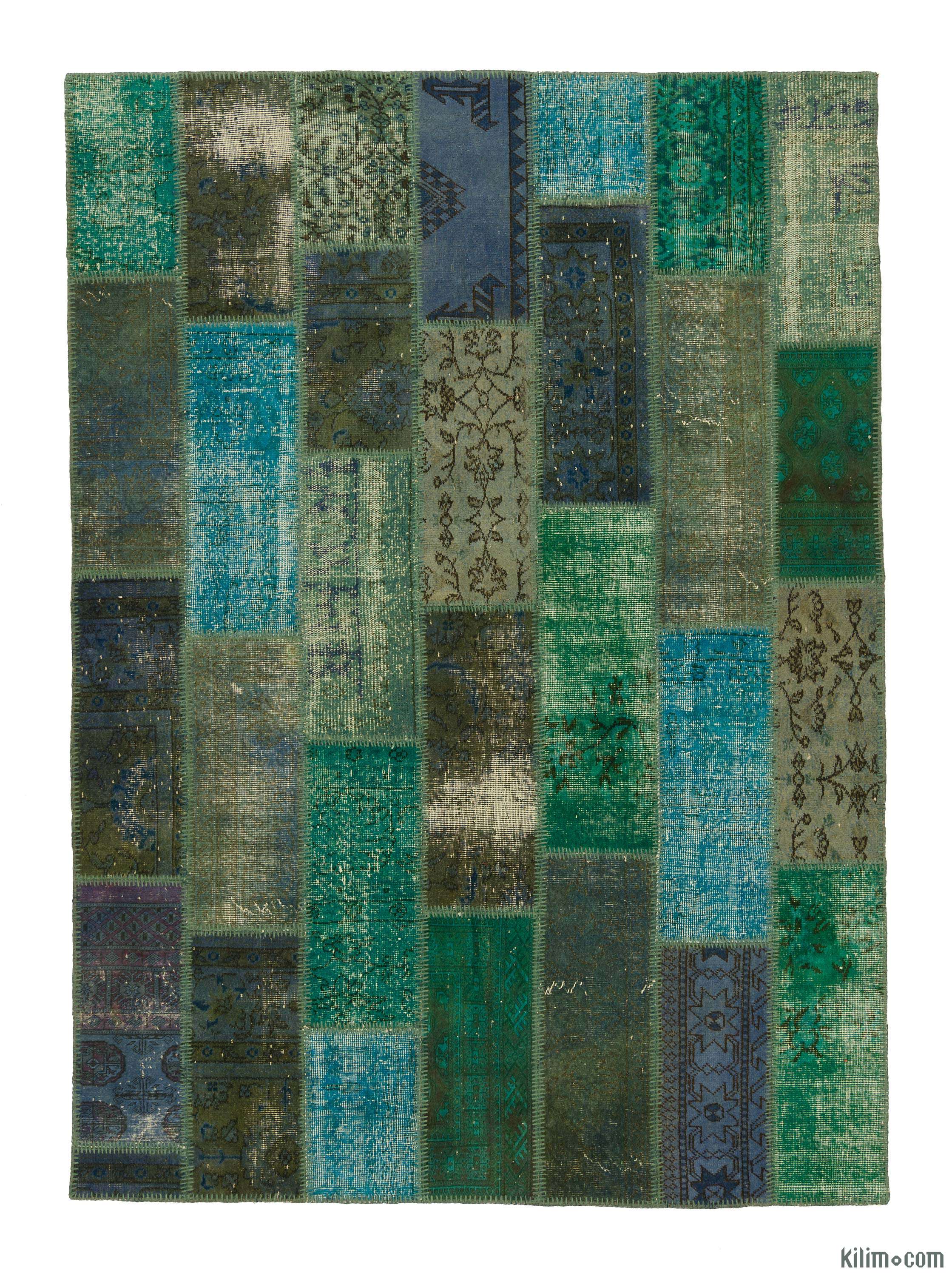 K0008698 Green Multicolor Over Dyed Turkish Patchwork Rug Green Multicolor Over Dyed Turkish Patchwork Rug
